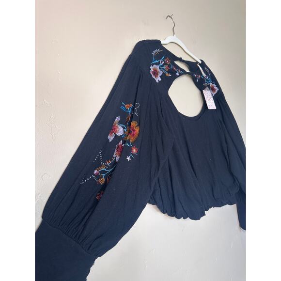 NWT Free People Black Embroidery Lita Long Sleeve Top LARGE - Picture 3 of 9